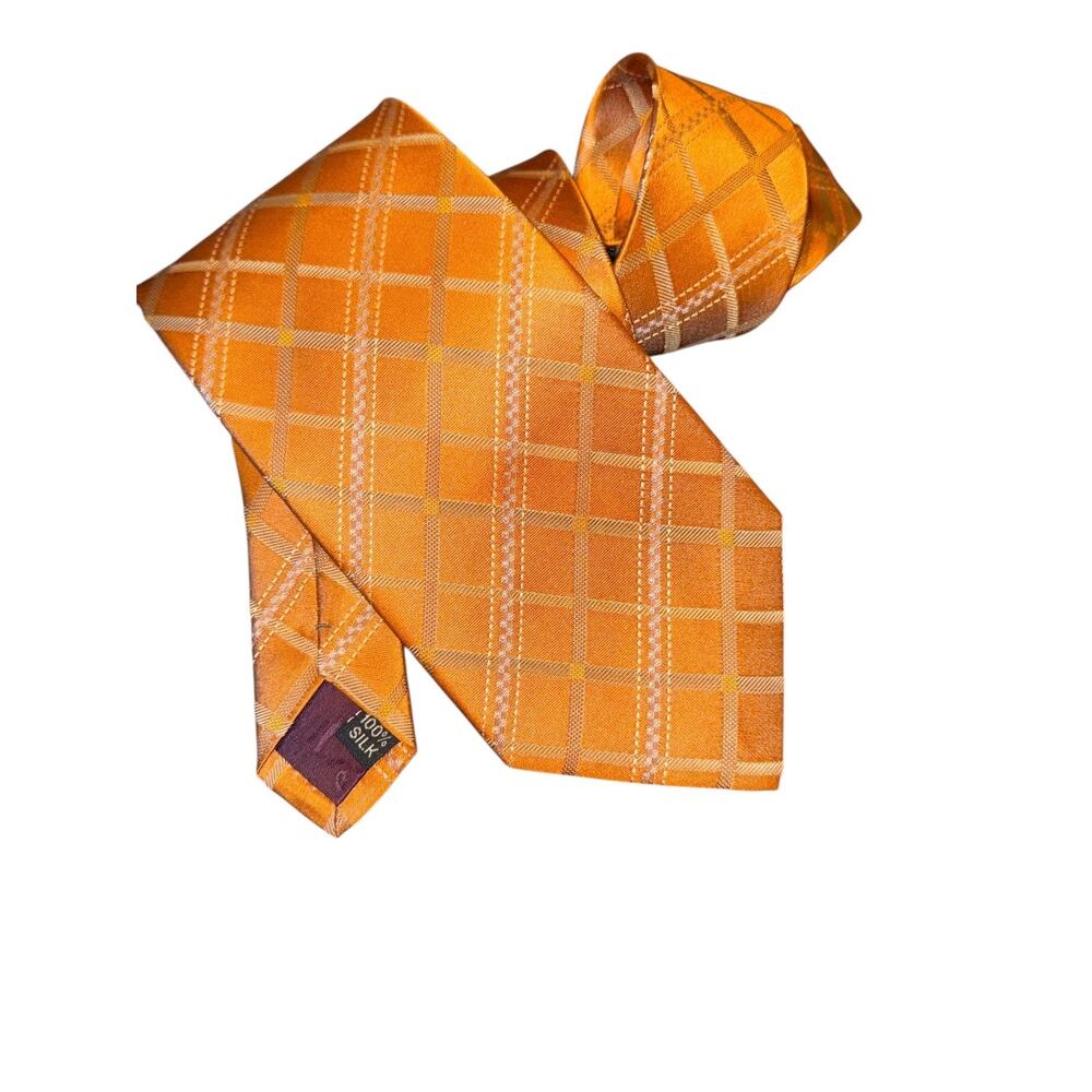 Marja‎ Kurki Orange 100% Silk Tie Checked Plaid Geometric Pattern Office Wear